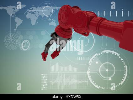 Digital composite of Red robot claw against white interface and blue green background Stock Photo