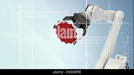 Digital composite of White robot claw holding red cog behind white interface against blue background Stock Photo