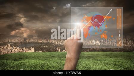 Digital composite of Hand touching pointing world map interface with City Stock Photo