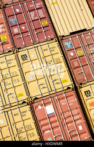 ? ? bereinander stacked container in the Hamburg harbour, Superimposed stacked of container in the port of Hamburg |, Übereinander gestapelte Containe Stock Photo