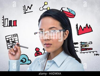 Digital composite of Woman with pen and pink blue yellow business doodles against white wall Stock Photo