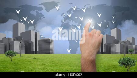 Digital composite of Hand touching pointing City with world map Stock Photo