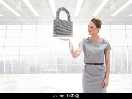 Digital composite of Woman with open palm hand under security lock in office Stock Photo