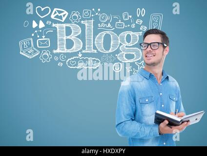 Digital composite of man with notes and blog text graphic drawings Stock Photo
