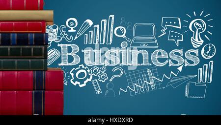 Digital composite of Pile of books and white business doodles against blue background Stock Photo