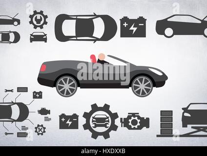 Digital composite of Man in car illustration against white background with car mechanic icons Stock Photo