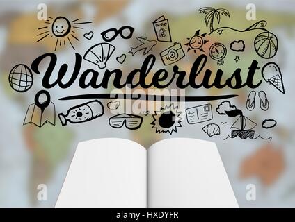 Digital composite of Open book with black wanderlust doodles against blurry map Stock Photo