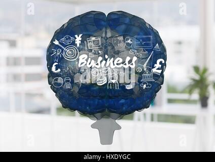 Digital composite of Blue brain with white business doodles against blurry office Stock Photo