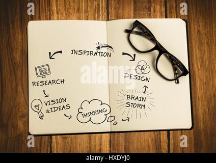 Digital composite of Open book with glasses black design doodles on wood table Stock Photo