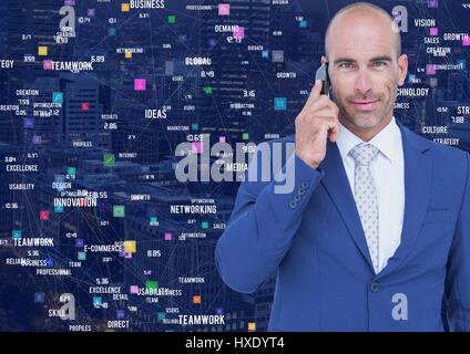 Digital composite of Man on phone against Night city with connectors Stock Photo