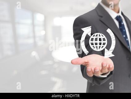 Digital composite of Open palm business hand with globe world icon and around arrows against white background Stock Photo