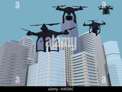 Digital composite of Minimal 3D drones against skyscrapers city buildings Stock Photo