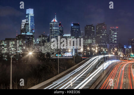 Philadelphia night skyline at rush hour along the Schuylkill Expressway Stock Photo