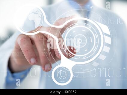 Digital composite of Man in lab coat pointing at white interface with flare against blurry background Stock Photo