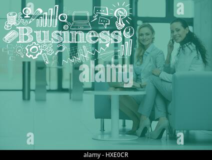 Digital composite of Business women sitting down with green overlay and white business doodles Stock Photo