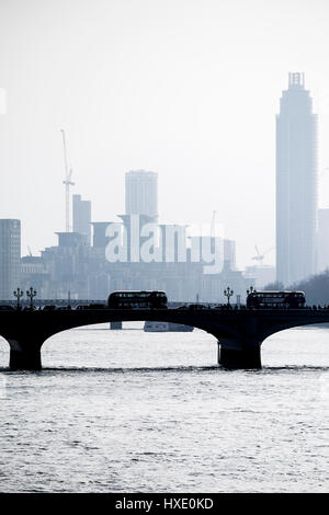 Westminster Bridge Silhouette London Skyline River Thames Crossing Haze Hazy Stock Photo