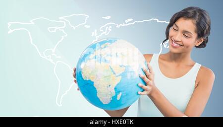 Digital composite of Woman with globe against white map and blue background Stock Photo