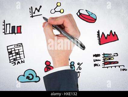 Digital composite of Hand with pen and pink blue yellow business doodles against white wall Stock Photo