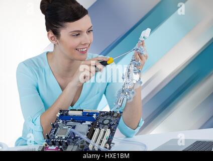 Digital composite of Woman with electronics against striped background Stock Photo