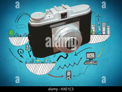 Digital composite of 3D Camera in front of technology and city graphic drawings Stock Photo