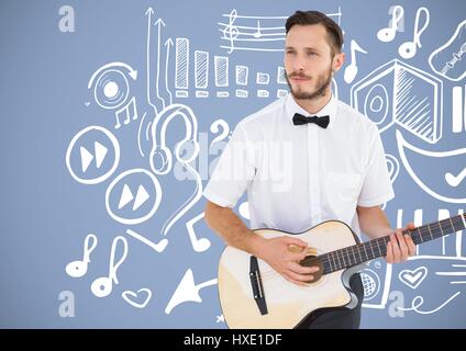 Digital composite of Musician with guitar and music drawing graphics Stock Photo