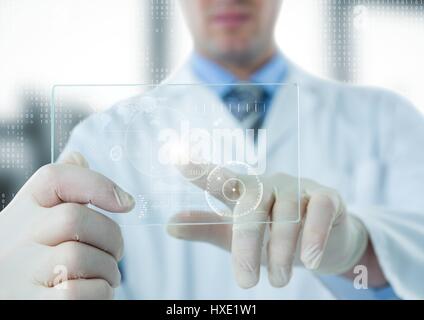Digital composite of Man in lab coat pointing at white interface and flare on glass device against blurry window Stock Photo