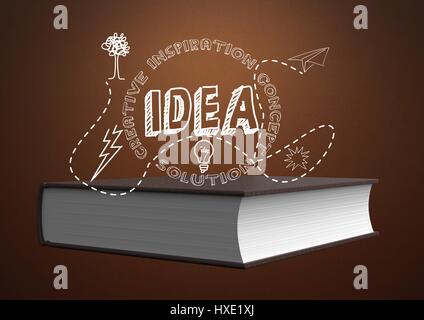 Digital composite of Idea illustration text in front of Book against brown background Stock Photo