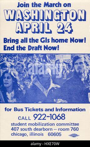 Vietnam War era leaflet from Student Mobilization Committee titled 'March on Washington' advocating for students to join the march on Washington DC to end the Vietnam war on April 24, and featuring an image of counter culture students protesting, Chicago, Illinois, April 24, 1971. Stock Photo
