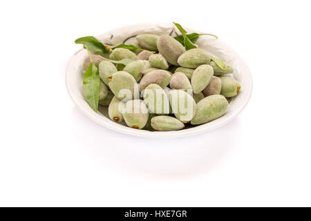 Fresh green unripe almonds in plate with pure white background Stock Photo