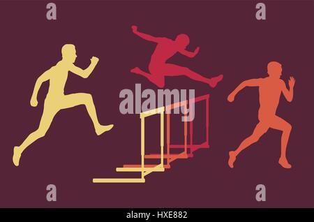 Hurdle race man jumping over obstacle retro color vector background Stock Vector