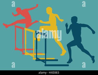 Hurdle race man jumping over obstacle retro color vector background Stock Vector