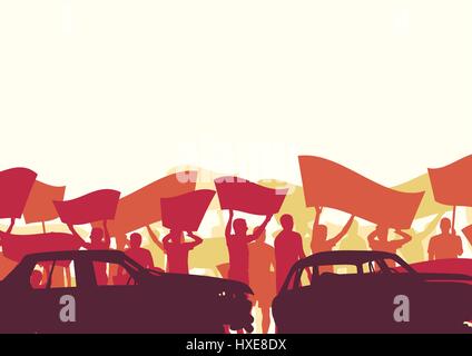 Protest people crowd and broken car silhouette vector background landscape demonstrate concept Stock Vector