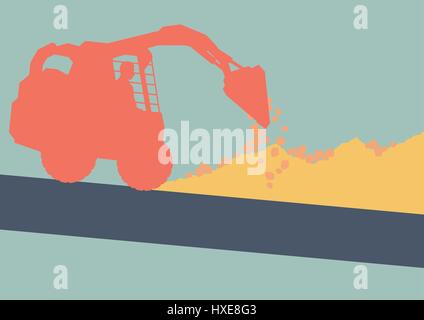 Mini excavator with worker inside cabin working in construction site vector background Stock Vector