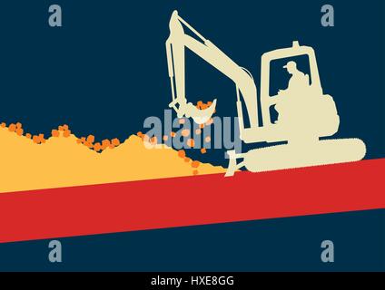 Mini excavator with worker inside cabin working in construction site vector background Stock Vector