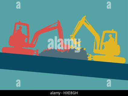 Mini excavator with worker inside cabin working in construction site vector background Stock Vector