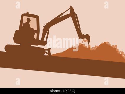 Mini excavator with worker inside cabin working in construction site vector background Stock Vector