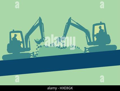Mini excavator with worker inside cabin working in construction site vector background Stock Vector