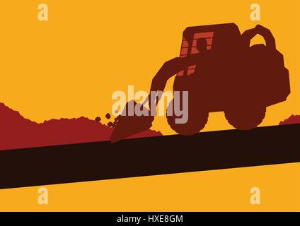 Mini excavator with worker inside cabin working in construction site vector background Stock Vector