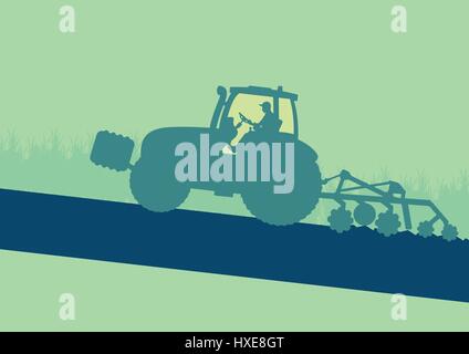 Tractor plowing and cultivating soil field vector background Stock Vector