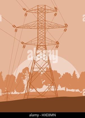 Energy distribution high voltage power line tower sunset landscape with wires and trees vector background Stock Vector