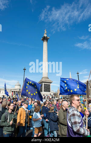 The 'Unite for Europe' march in support of the UK's membership of the European Union passes through Trafalgar Square on 25th March 2017, London, UK Stock Photo
