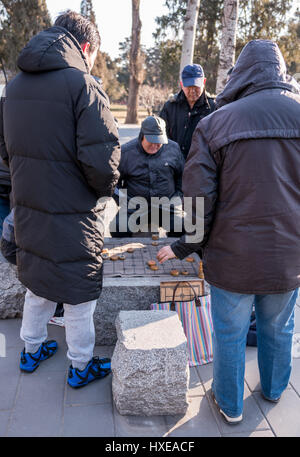 Elderly Chinese men playing Chinese checkers in the Temple of Heaven Park in Beijing, China. Stock Photo