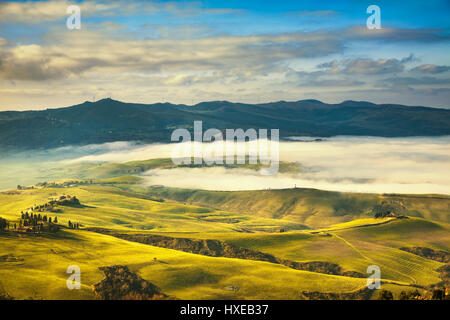 Tuscany foggy morning, farmland and green fields country landscape. Volterra Italy, Europe. Stock Photo