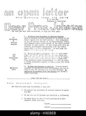 A Vietnam War era leaflet from Berkeley Women For Peace titled 'An Open Letter' advocating for Lyndon Johnson to end the war in Vietnam, featuring a tear off letter to be sent to Johnson, Berkeley, California, 1964. Stock Photo