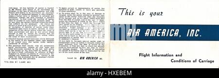 A Vietnam War era leaflet from Air America titled 'This is Your Air America, Inc. Flight Information and Conditions of Carriage' that outlines policies of the airline dealing with terms of service such as the liability for baggage, June, 1968. Stock Photo