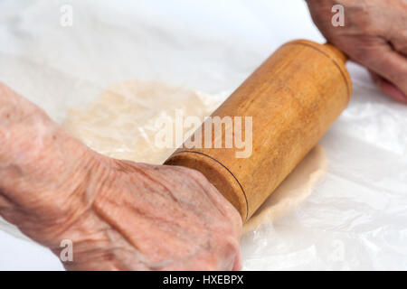 Ravioli Preparation : Stretching pasta dough Stock Photo
