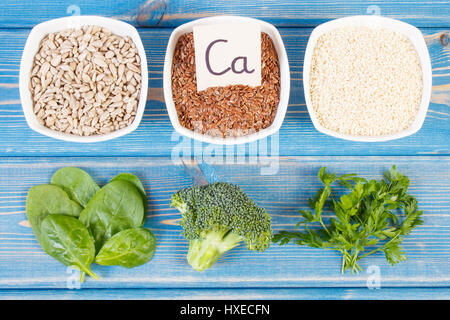 Ingredients or products containing calcium and dietary fiber, natural sources of minerals, healthy lifestyle and nutrition Stock Photo