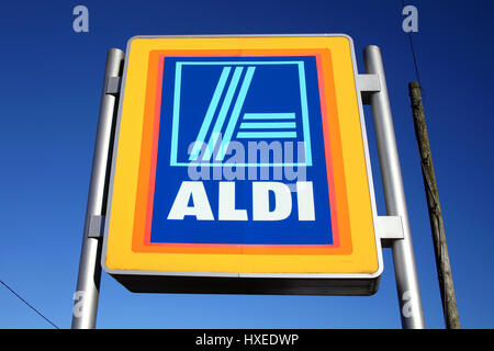 Carmarthen, Wales, UK – January 2, 2017:  Aldi logo advertising sign outside its retail supermarket stores in the city centre Stock Photo