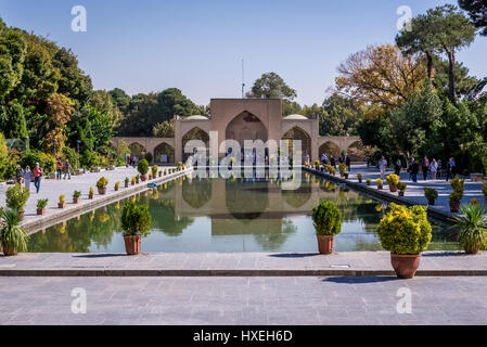 Main gate and pool in garden of Palace of Forty Columns (Chehel Sotoun) in Isfahan, capital of Isfahan Province in Iran Stock Photo