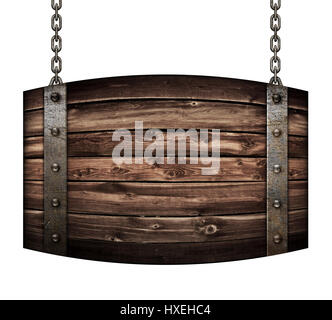 Vintage wood barrel signboard for restaurant hanging on chains isolated 3d illustration Stock Photo